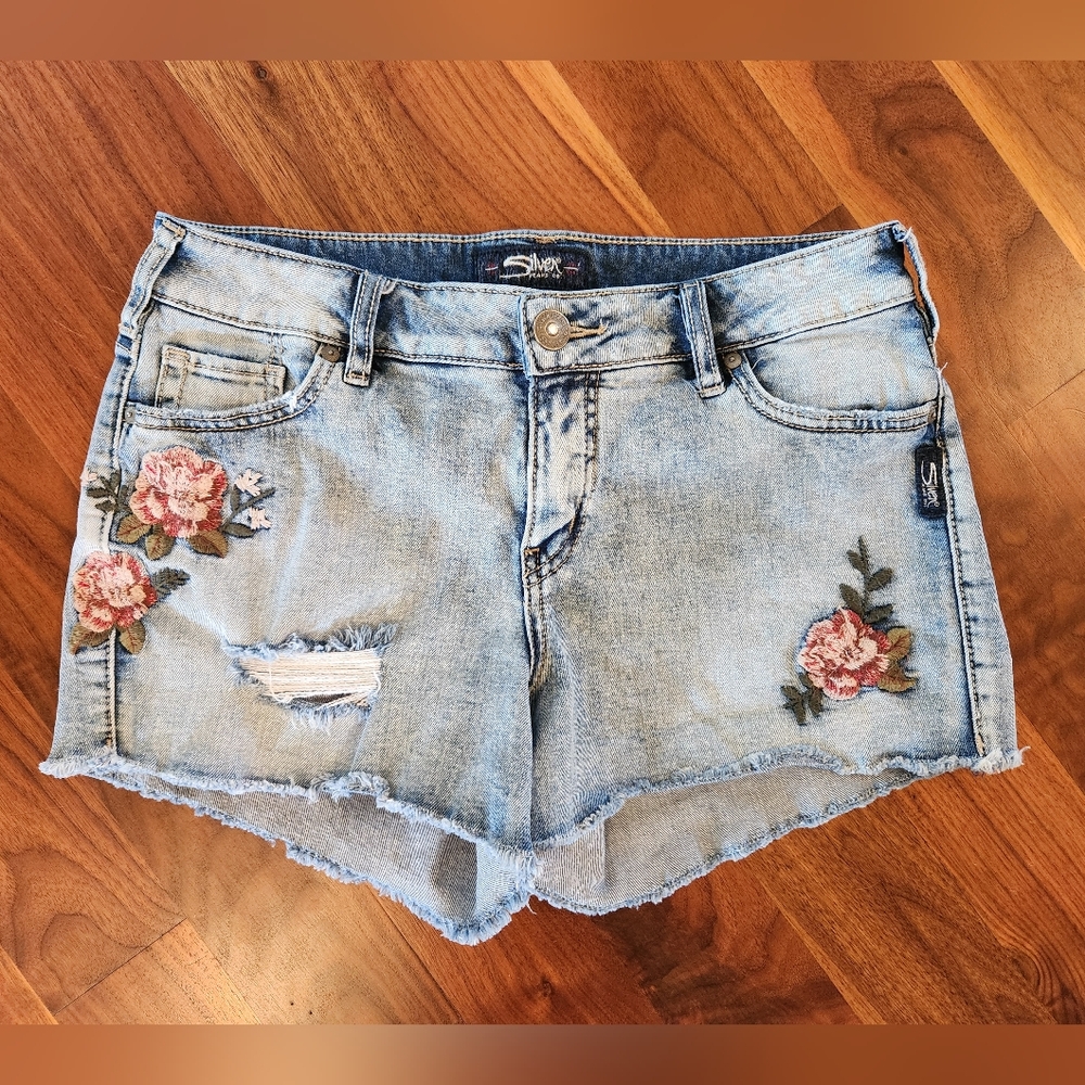 Silver Aiko Women's Jean Shorts With Beautiful Embroidered Flowers